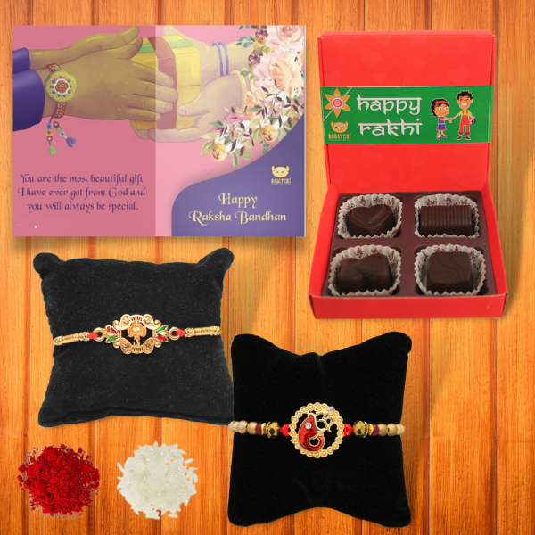 BOGATCHI 4 Chocolate Box 2 Rakhi Roli Chawal and Greeting Card A | Rakhi Special Chocolates | Rakhi Gift for Sister 